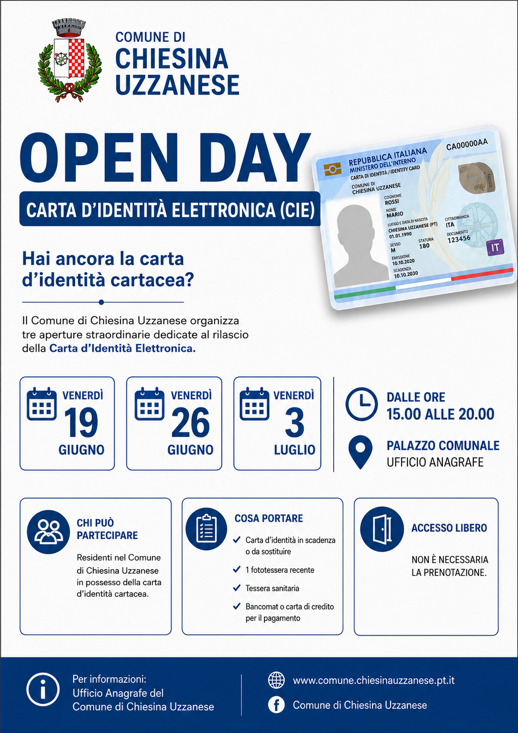 CHIESINA UZZANESE: CARTA D’IDENTITÀ ELETTRONICA, IL COMUNE ORGANIZZA TRE OPEN DAY STRAORDINARI